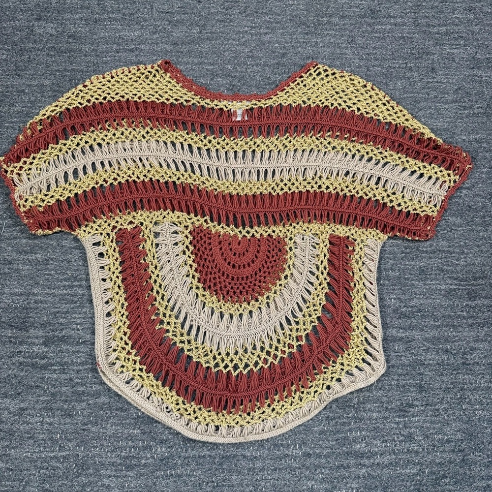 Vintage Y2K Open Knit Short Sleeve Top Large Neutrals Metallic Beach Boho Hippie